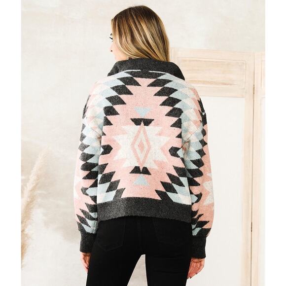 FIFTY NINE NINETY Brand Crop Aztec Quarter Zip Pullover PinkBlue Western Medium - Picture 2 of 5